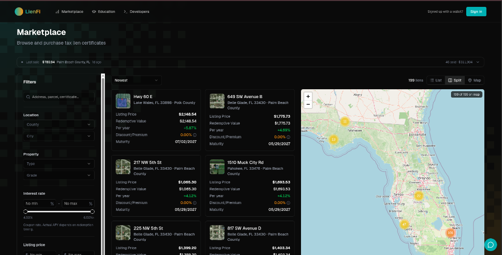 LienFi Marketplace with map split view and property cards