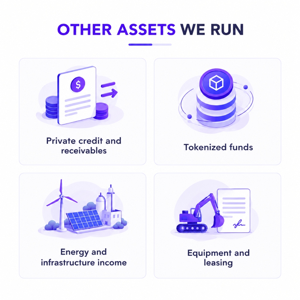 Other assets we run: Private credit and receivables, Tokenized funds, Energy and infrastructure income, Equipment and leasing